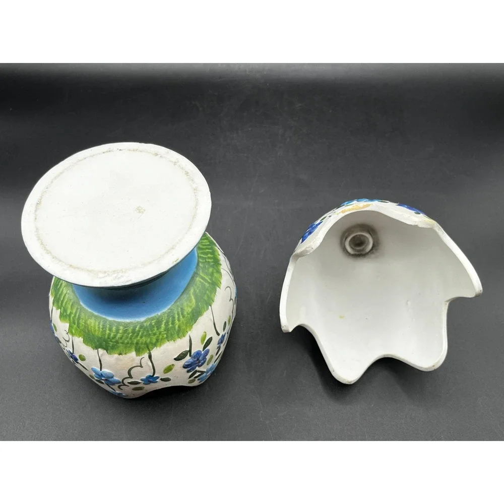 Vtg Hand Painted Ceramic Floral Pedestal Egg Small Taper Candle Holder Blue  8